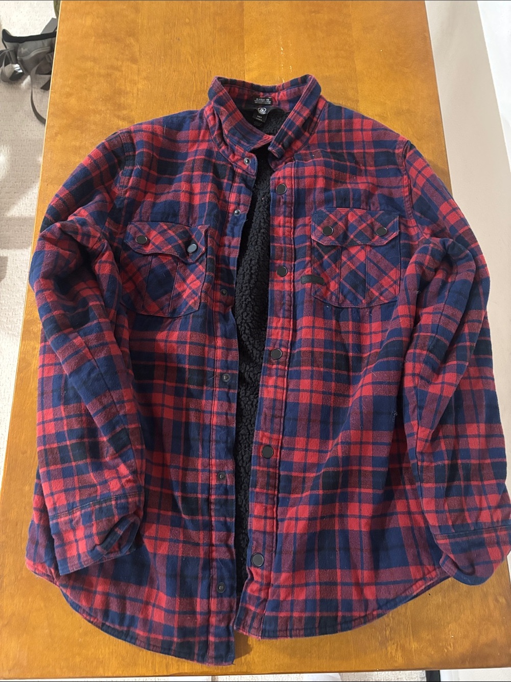 Volcom Red and Navy Plaid Sherpa-Lined Shirt Jacket